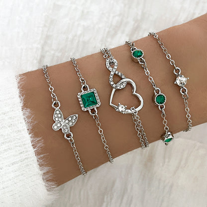 Bohemian 5Pc Green Crystal Bracelets Jewelry Set for Women Heart Bracelet Wedding Engagement Bracelet Fashion Jewelry