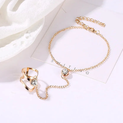 Bohemia Punk Link Chain Ring Connected Bracelets Gold Color Metal Finger Ring Bracelets Hand Harness Fashion Jewelry Women