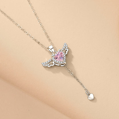 Moving Cupid Heart Angel Wings Tassel Necklace With Crystal Clavicle Chain Women Jewelry