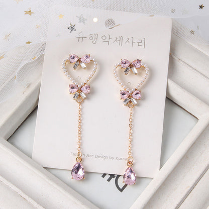 Silver Needle Pearl Love Butterfly Tassel Earrings
